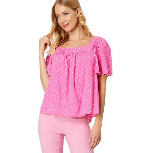 Draper James Maren Top Blouse Bubblegum Pink Polka Dot 100% Rayon Breezy Flowy - Picture 8 of 15